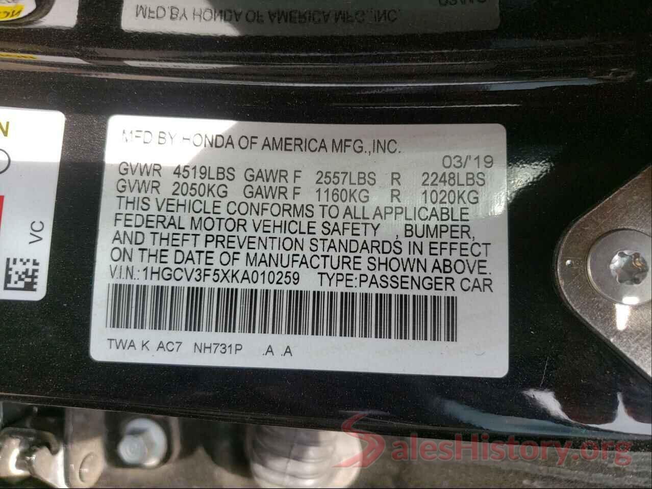 1HGCV3F5XKA010259 2019 HONDA ACCORD