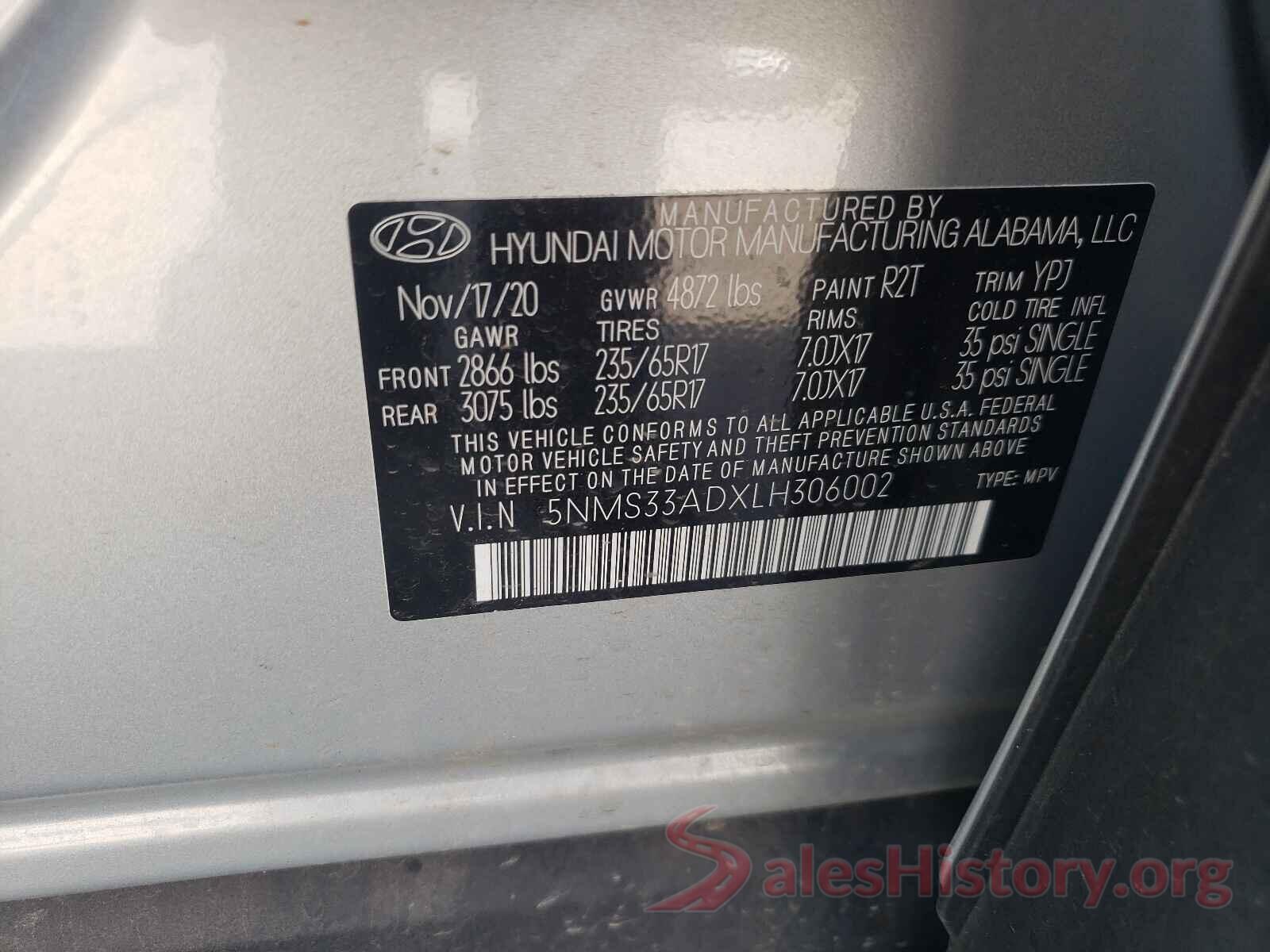 5NMS33ADXLH306002 2020 HYUNDAI SANTA FE