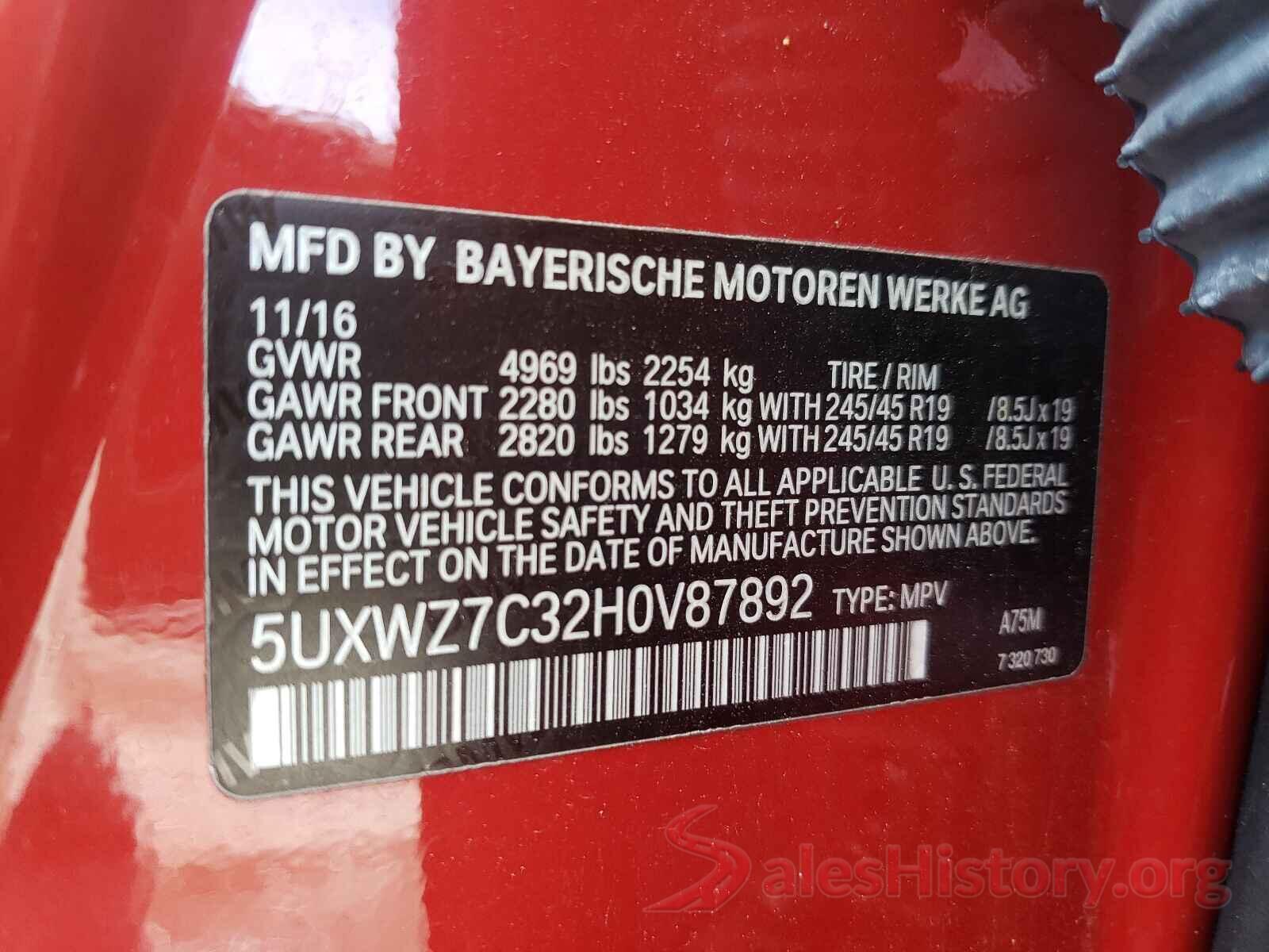 5UXWZ7C32H0V87892 2017 BMW X3