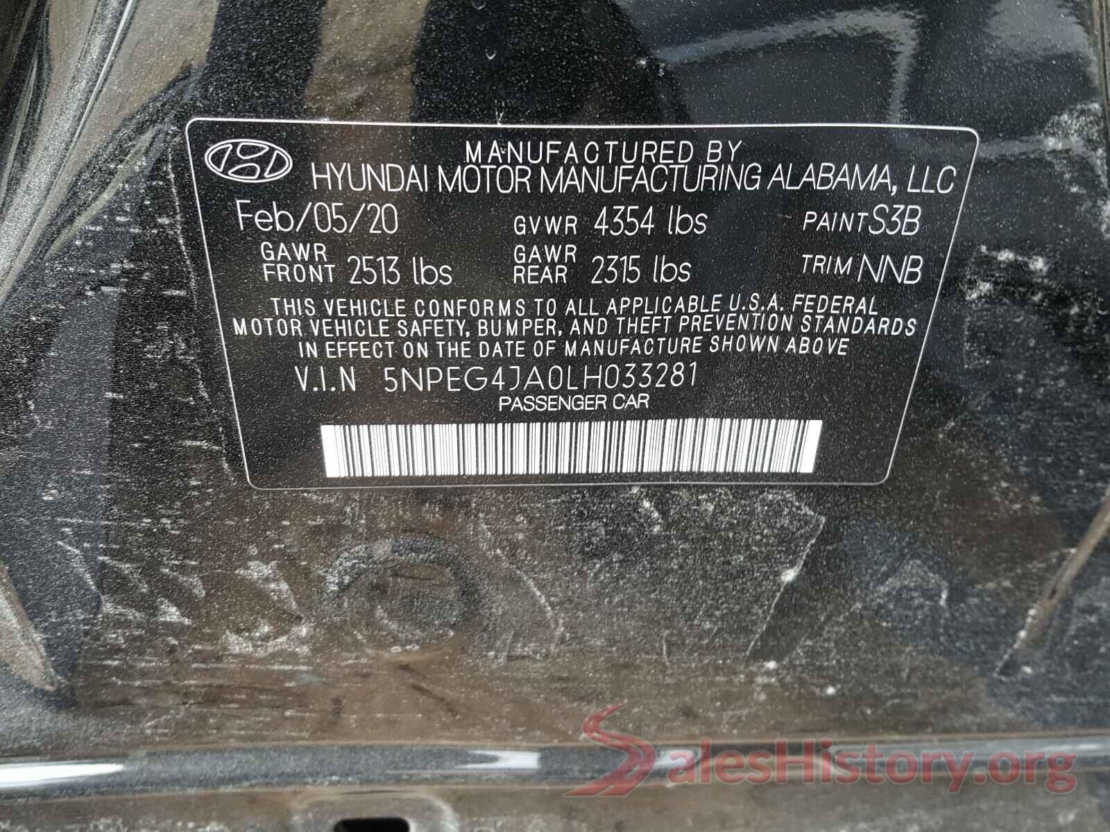 5NPEG4JA0LH033281 2020 HYUNDAI SONATA