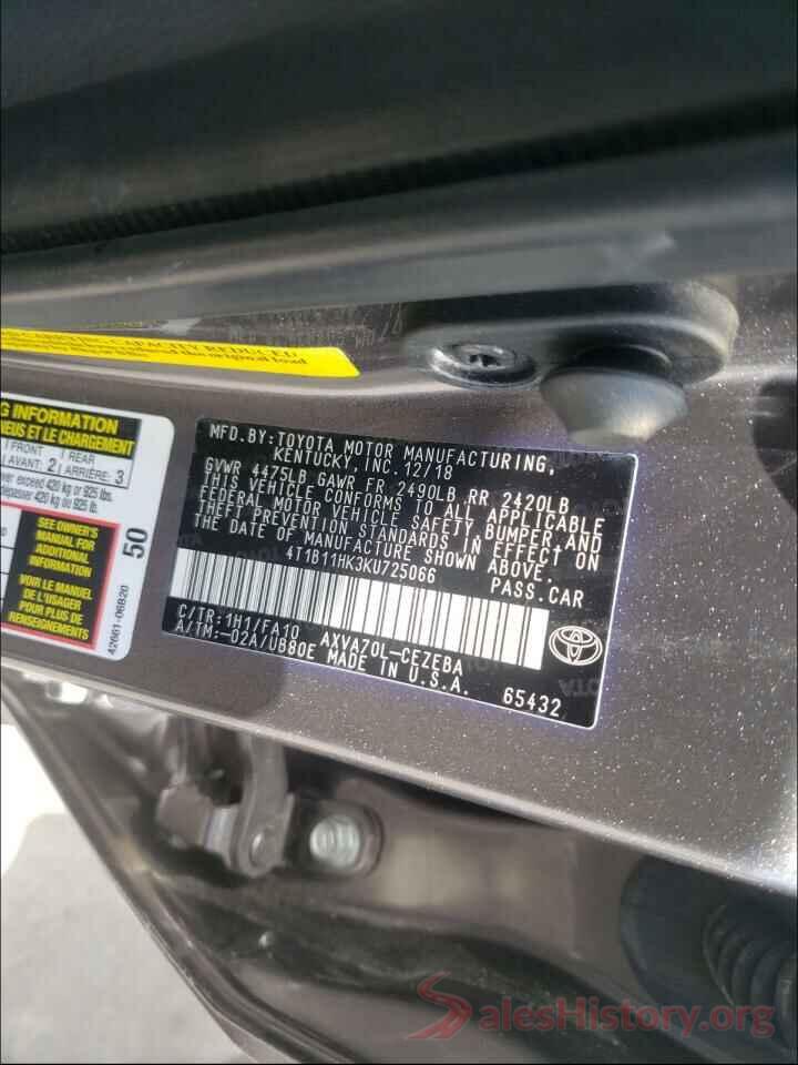 4T1B11HK3KU725066 2019 TOYOTA CAMRY