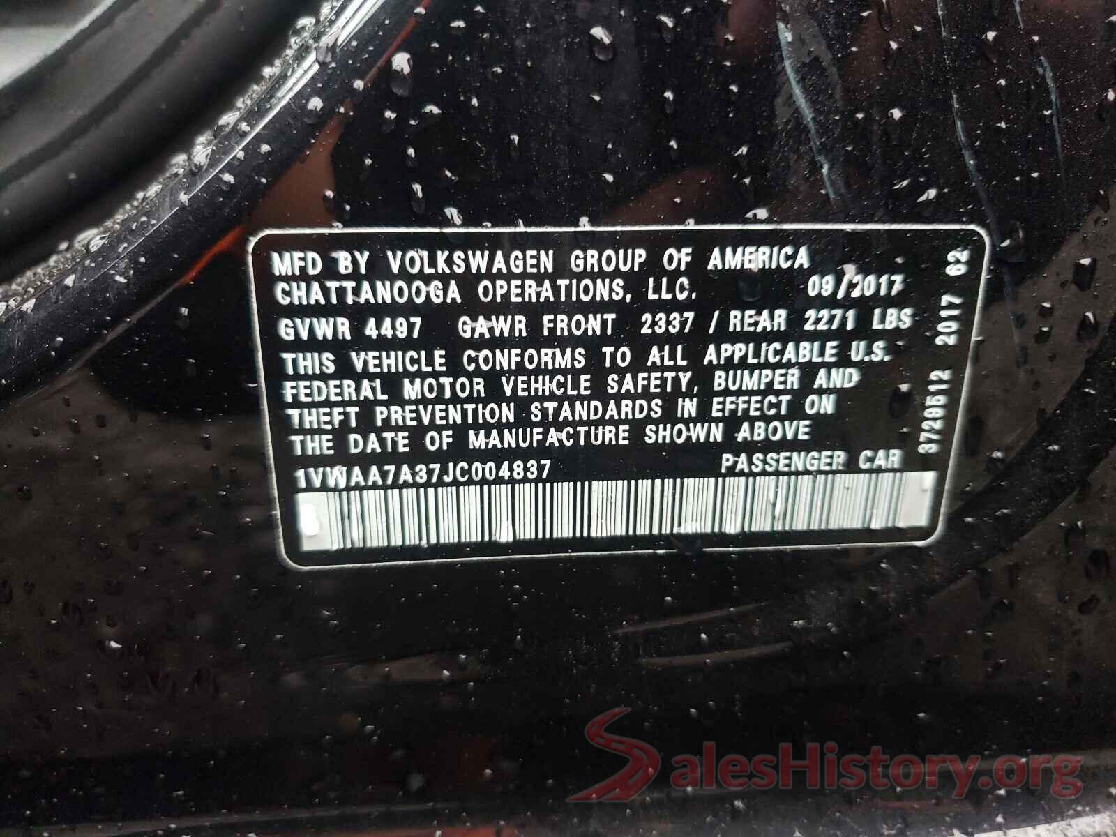 1VWAA7A37JC004837 2018 VOLKSWAGEN PASSAT