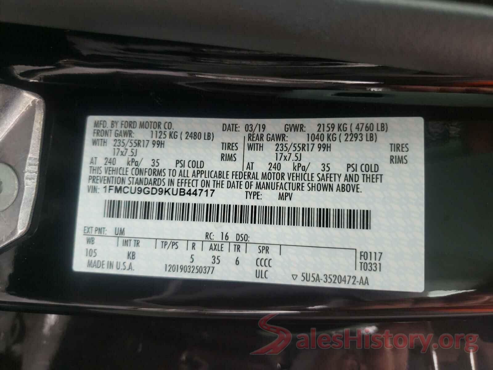 1FMCU9GD9KUB44717 2019 FORD ESCAPE