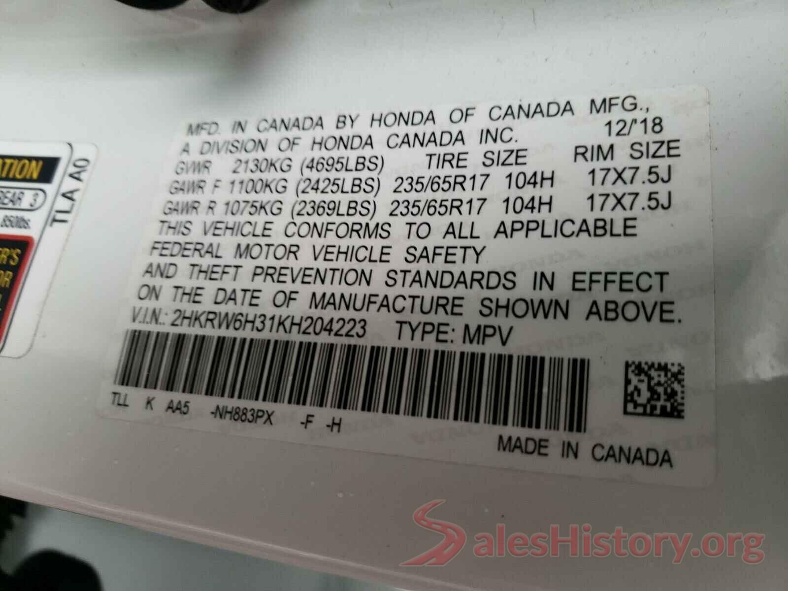 2HKRW6H31KH204223 2019 HONDA CRV