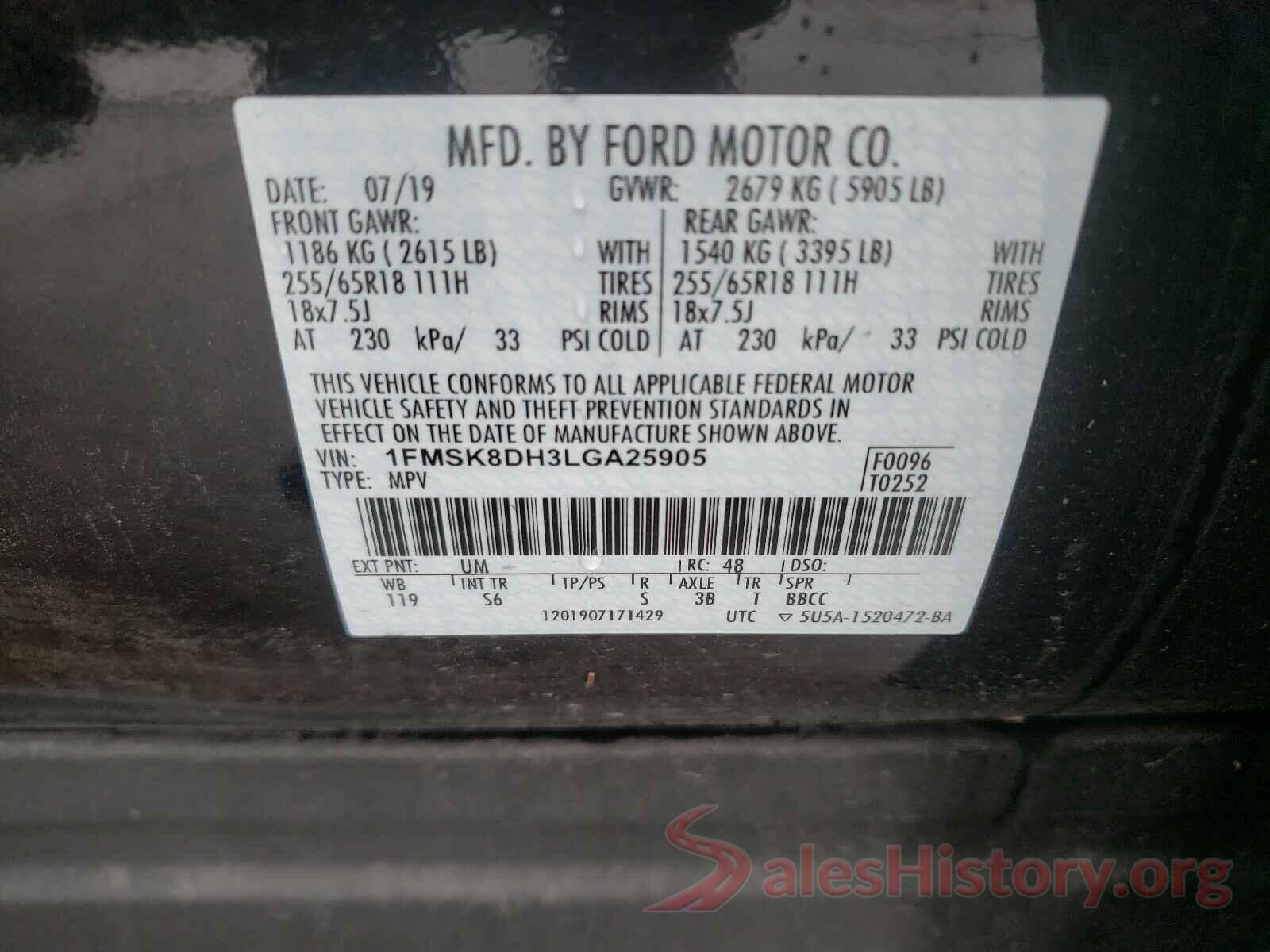 1FMSK8DH3LGA25905 2020 FORD EXPLORER