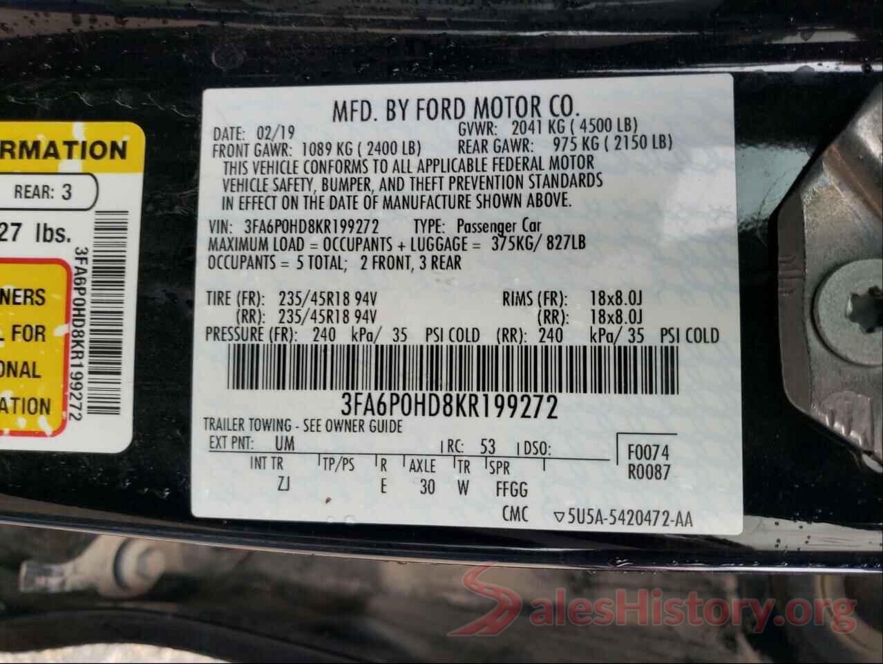 3FA6P0HD8KR199272 2019 FORD FUSION