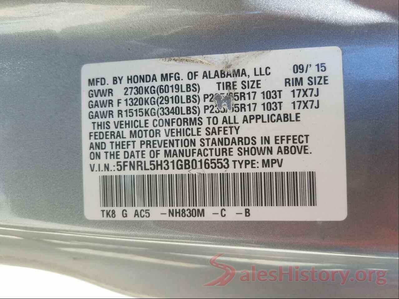 5FNRL5H31GB016553 2016 HONDA ODYSSEY