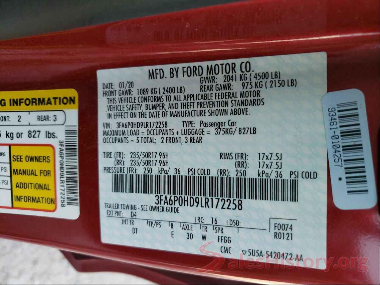 3FA6P0HD9LR172258 2020 FORD FUSION