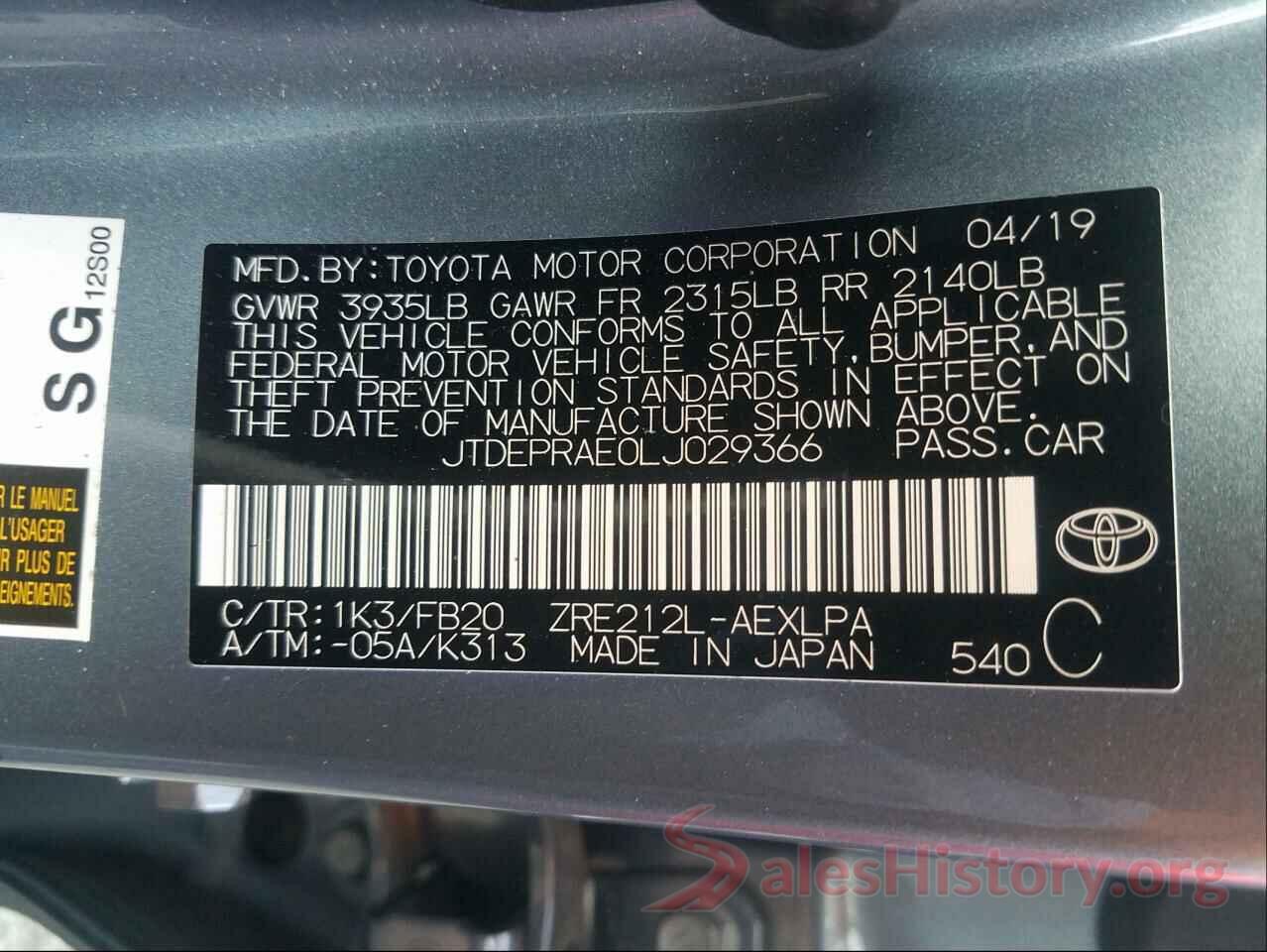 JTDEPRAE0LJ029366 2020 TOYOTA COROLLA