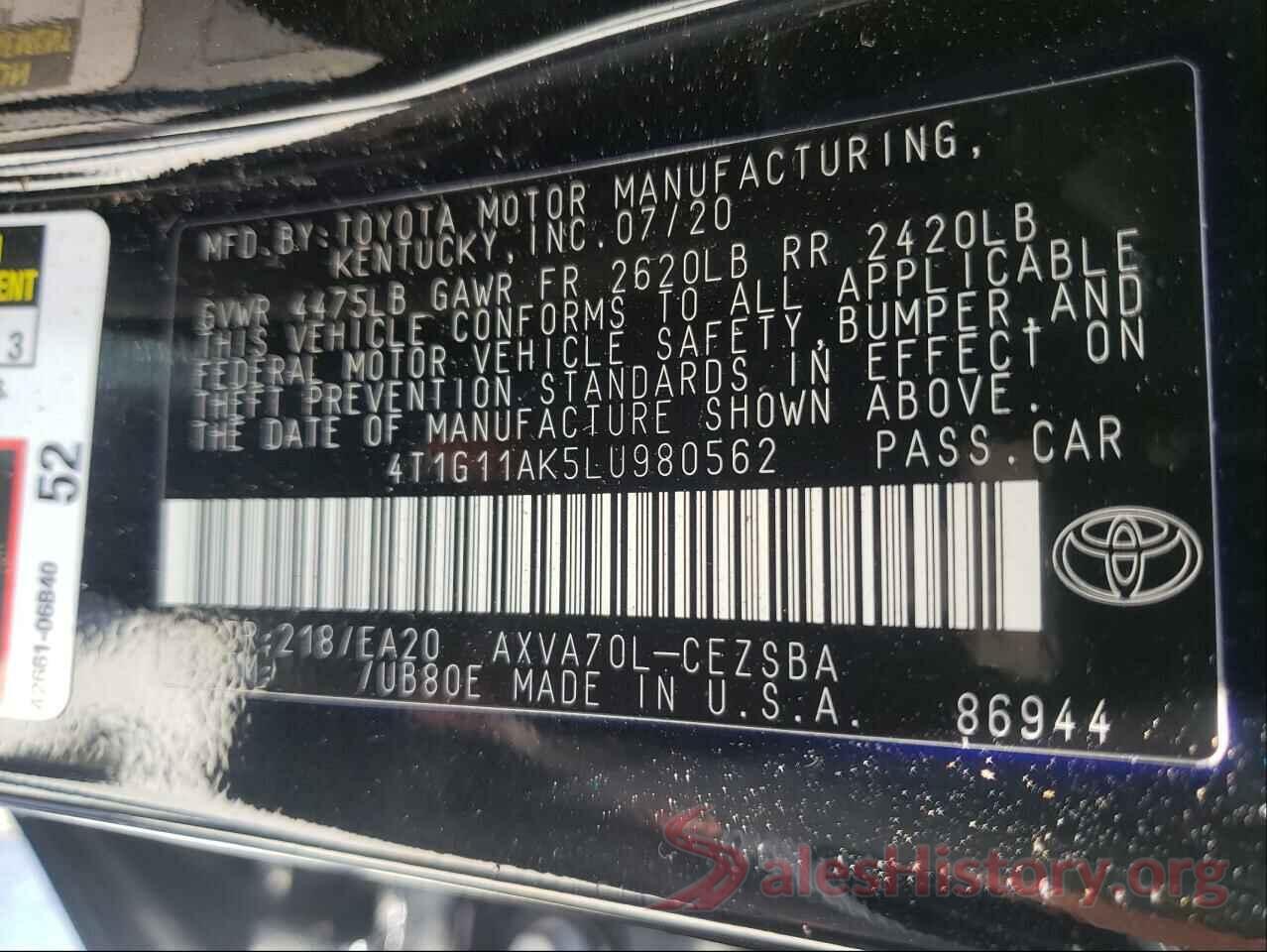 4T1G11AK5LU980562 2020 TOYOTA CAMRY