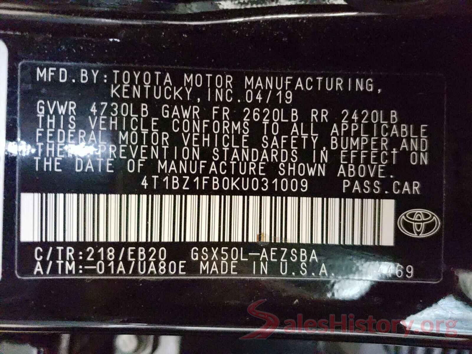 4T1BZ1FB0KU031009 2019 TOYOTA AVALON