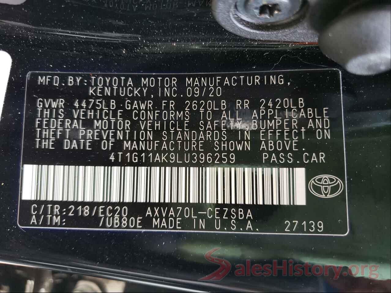 4T1G11AK9LU396259 2020 TOYOTA CAMRY