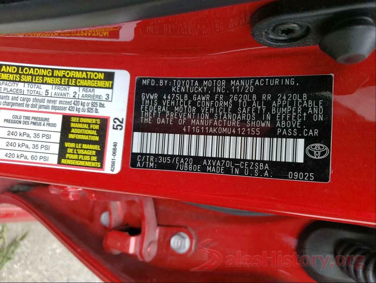 4T1G11AK0MU412155 2021 TOYOTA CAMRY