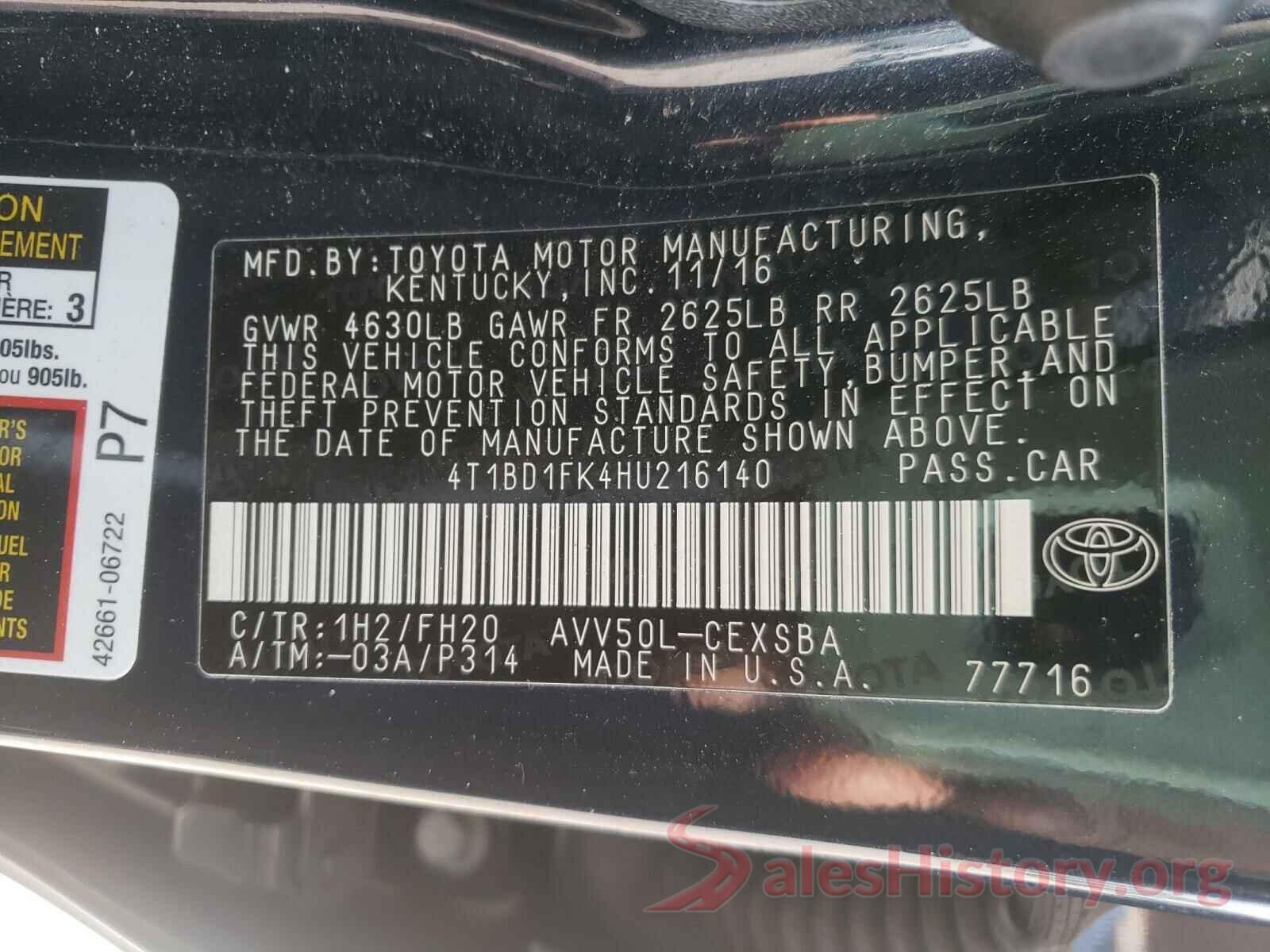 4T1BD1FK4HU216140 2017 TOYOTA CAMRY