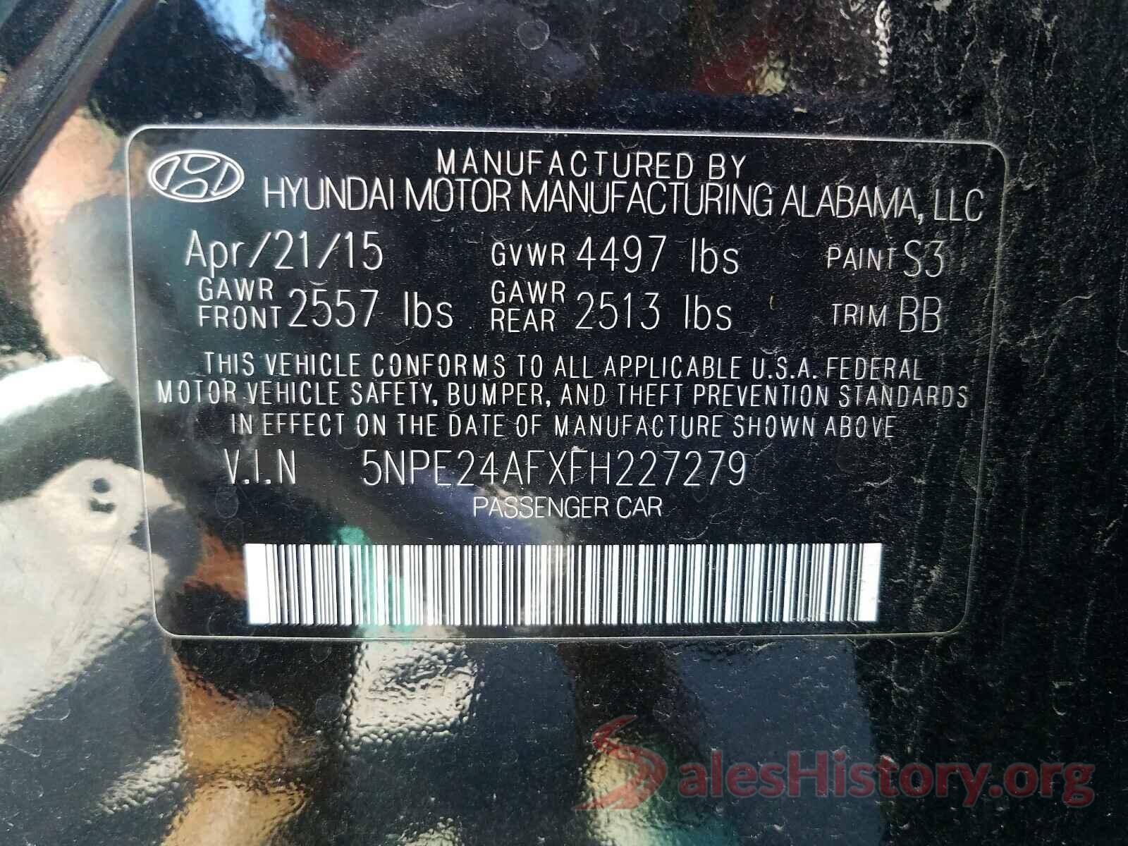 5NPE24AFXFH227279 2015 HYUNDAI SONATA