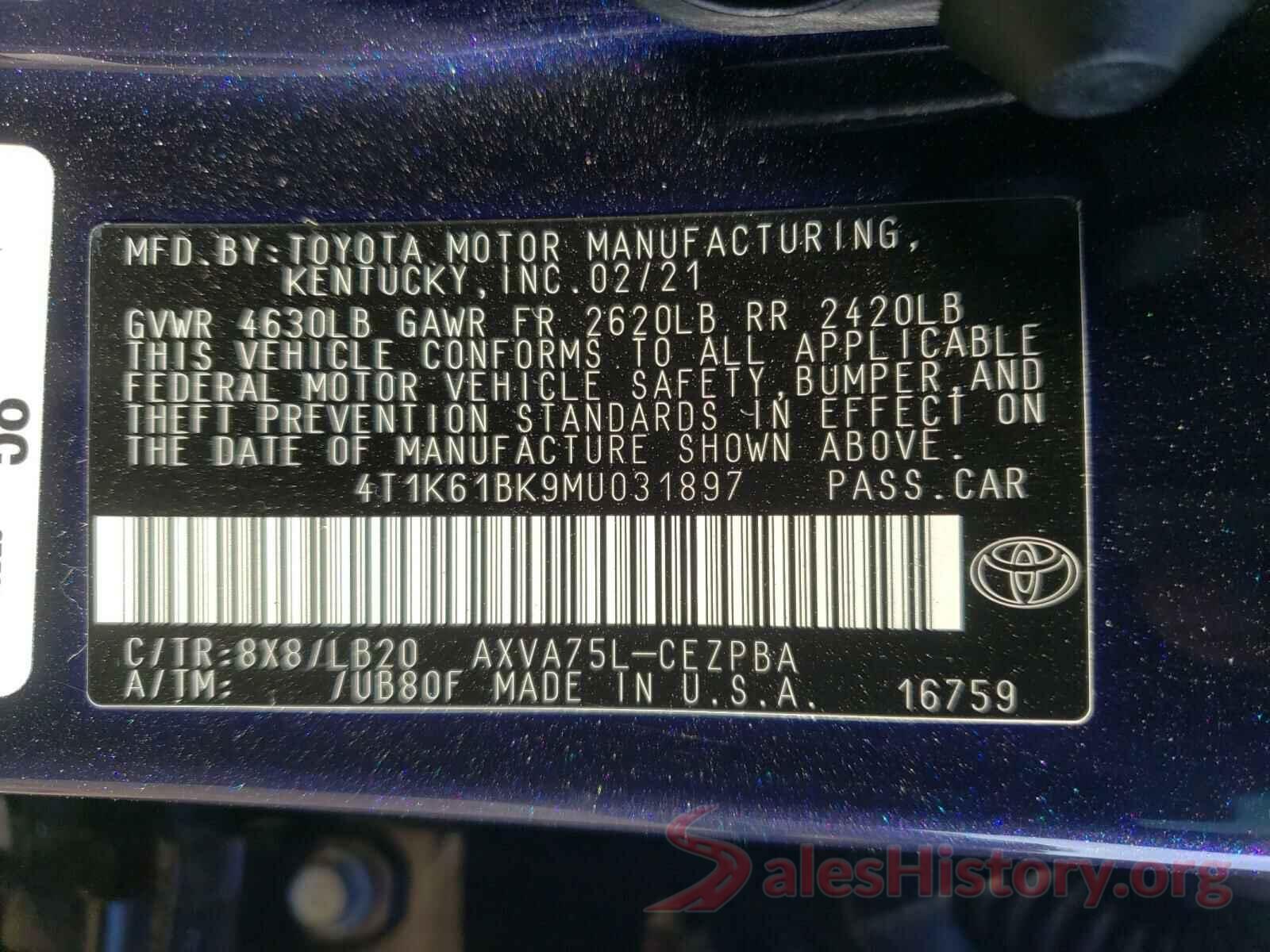 4T1K61BK9MU031897 2021 TOYOTA CAMRY