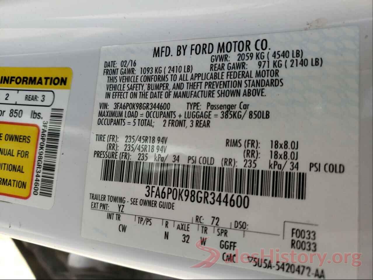 3FA6P0K98GR344600 2016 FORD FUSION