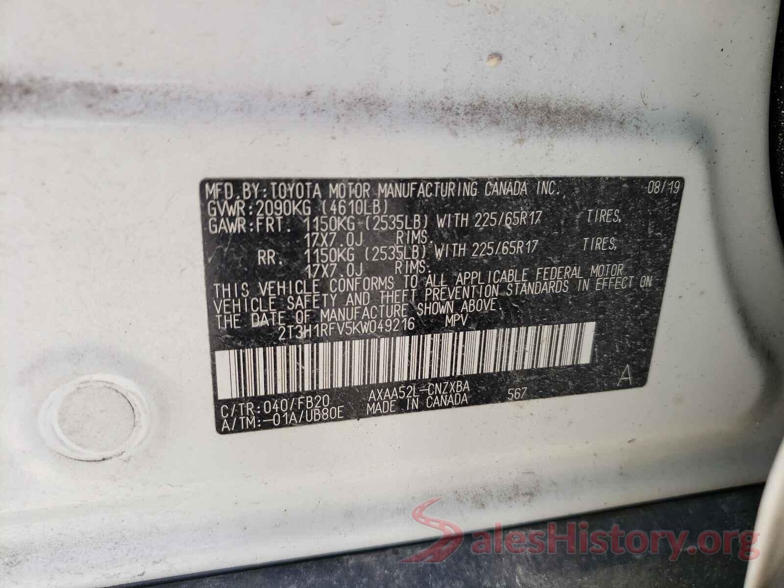 2T3H1RFV5KW049216 2019 TOYOTA RAV4