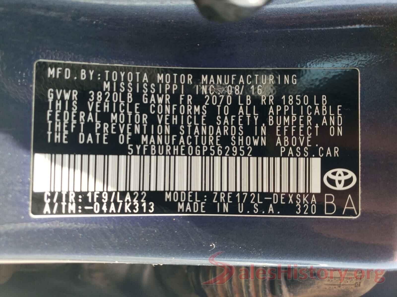 5YFBURHE0GP562952 2016 TOYOTA COROLLA