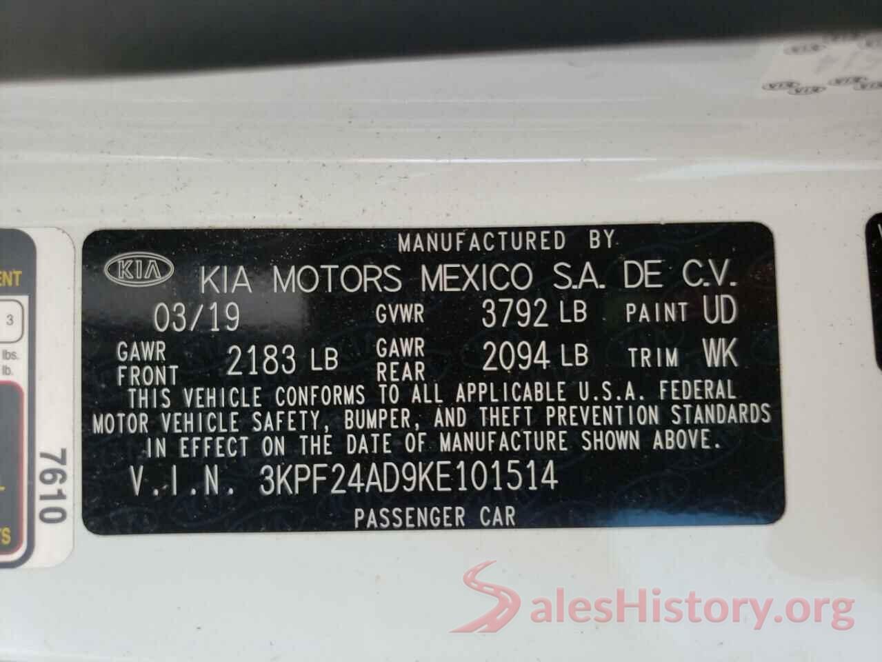 3KPF24AD9KE101514 2019 KIA FORTE