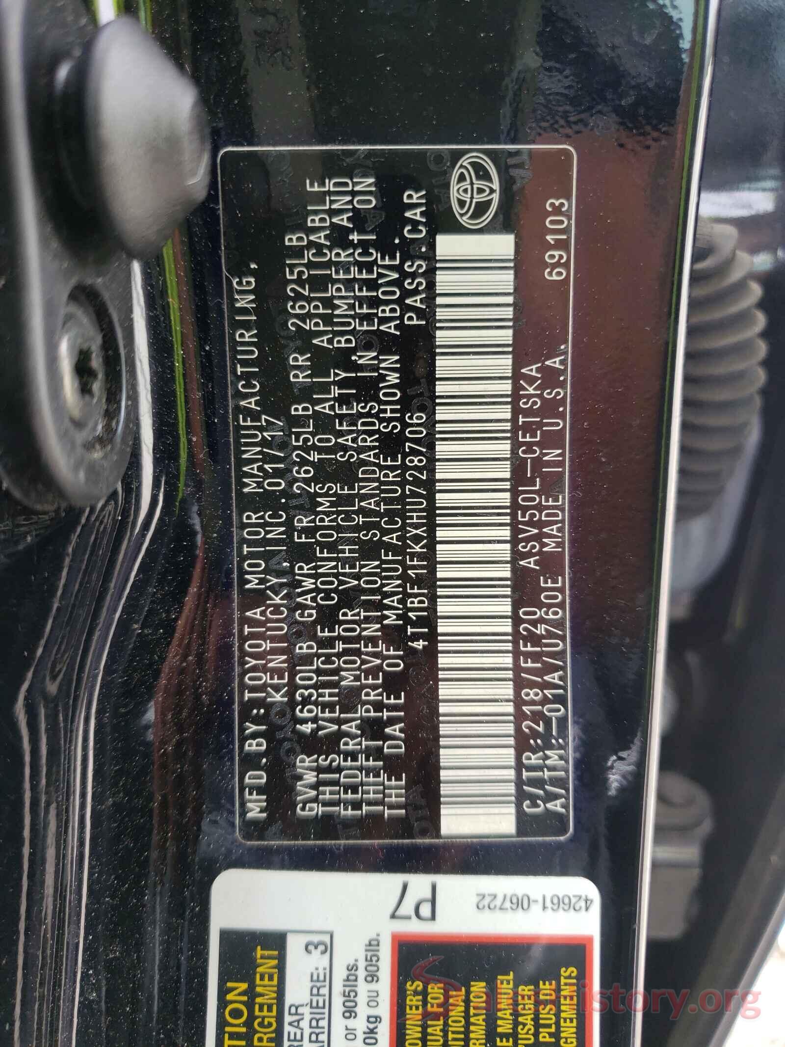 4T1BF1FKXHU728706 2017 TOYOTA CAMRY