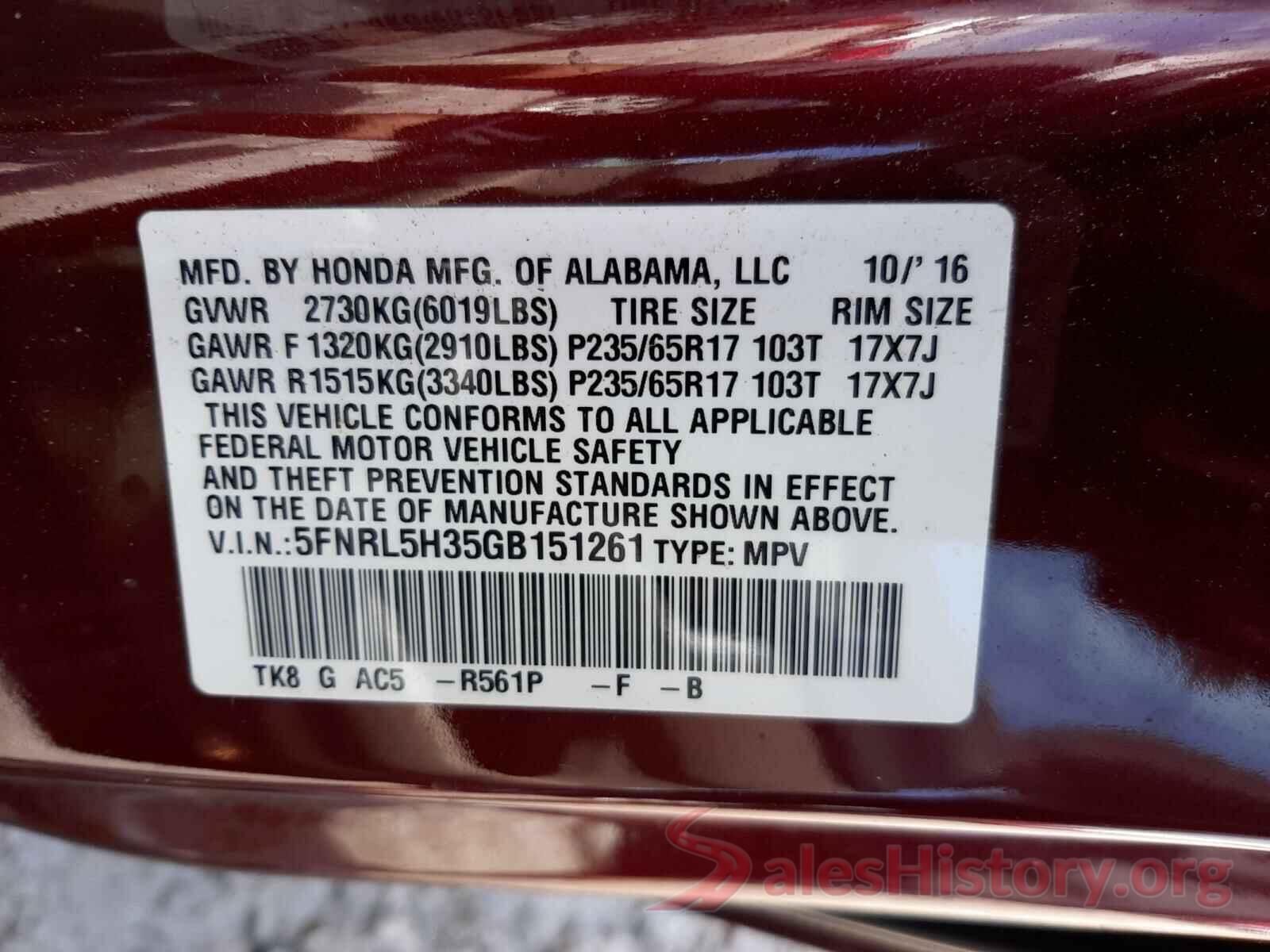 5FNRL5H35GB151261 2016 HONDA ODYSSEY