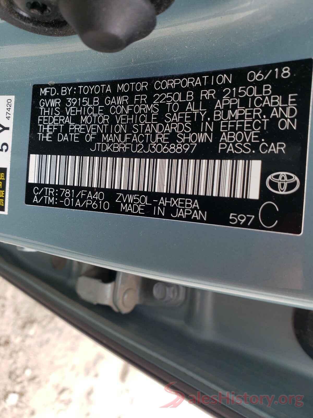 JTDKBRFU2J3068897 2018 TOYOTA PRIUS