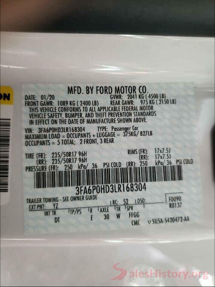 3FA6P0HD3LR168304 2020 FORD FUSION