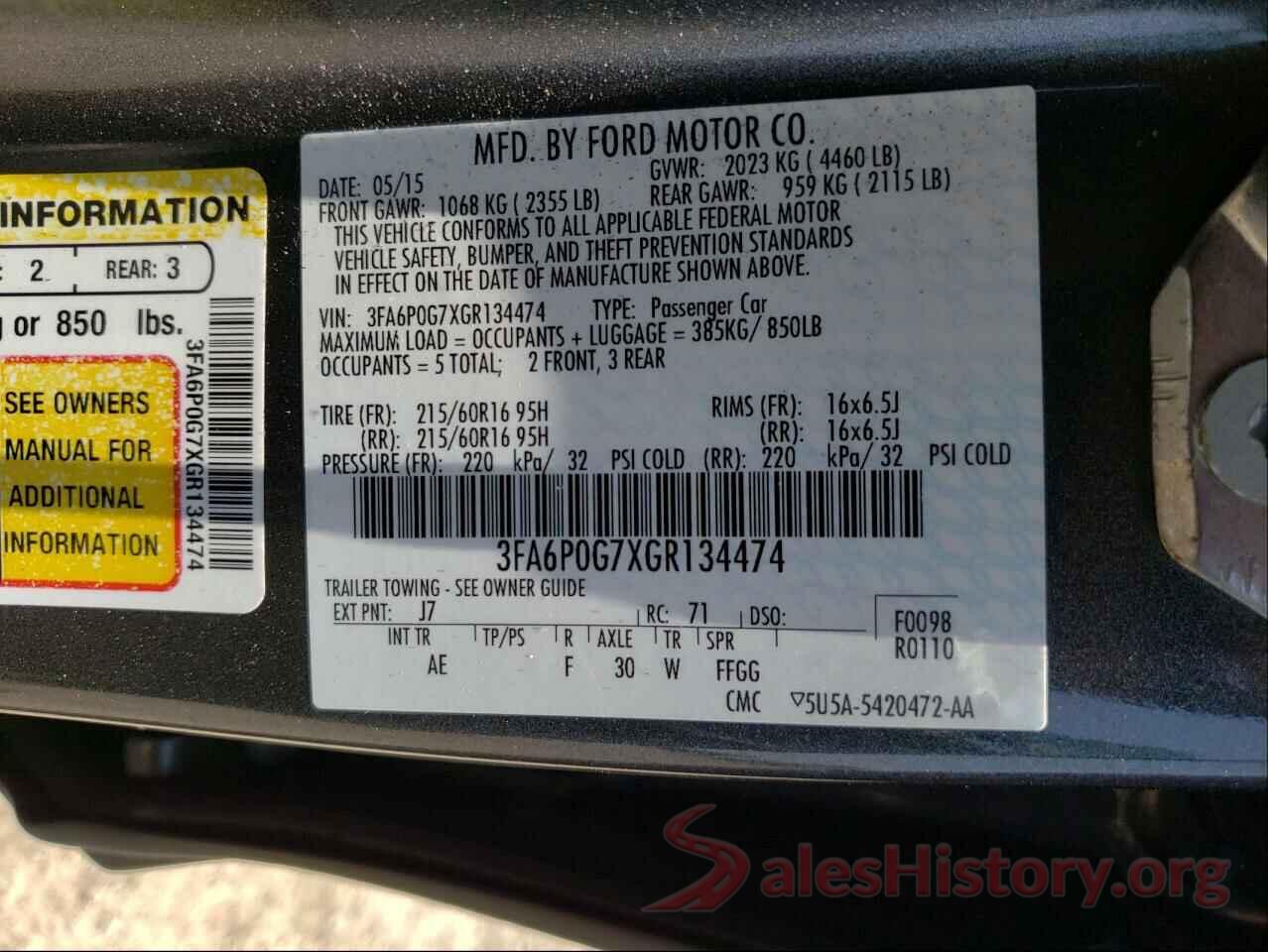 3FA6P0G7XGR134474 2016 FORD FUSION