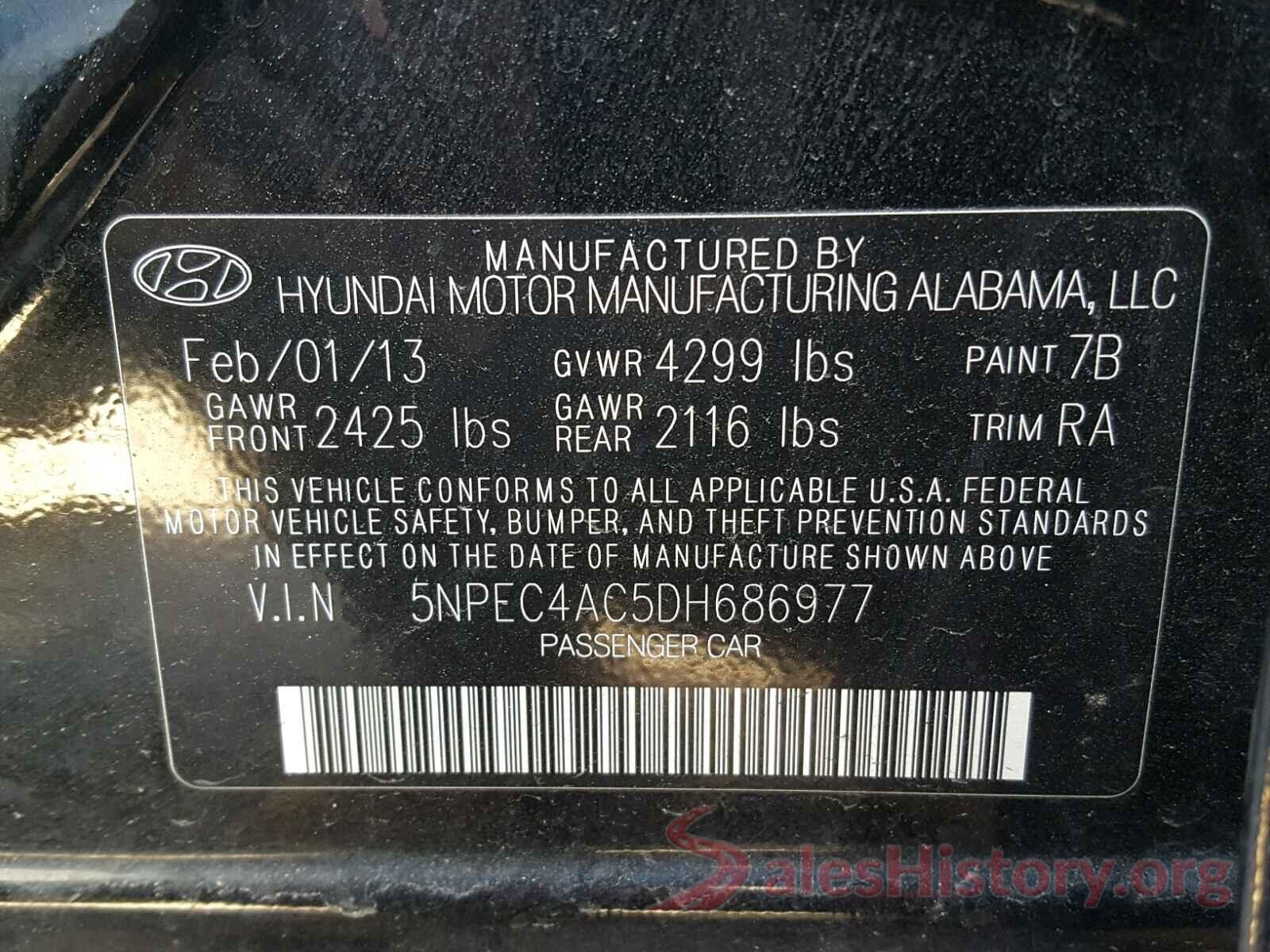 5NPEC4AC5DH686977 2013 HYUNDAI SONATA