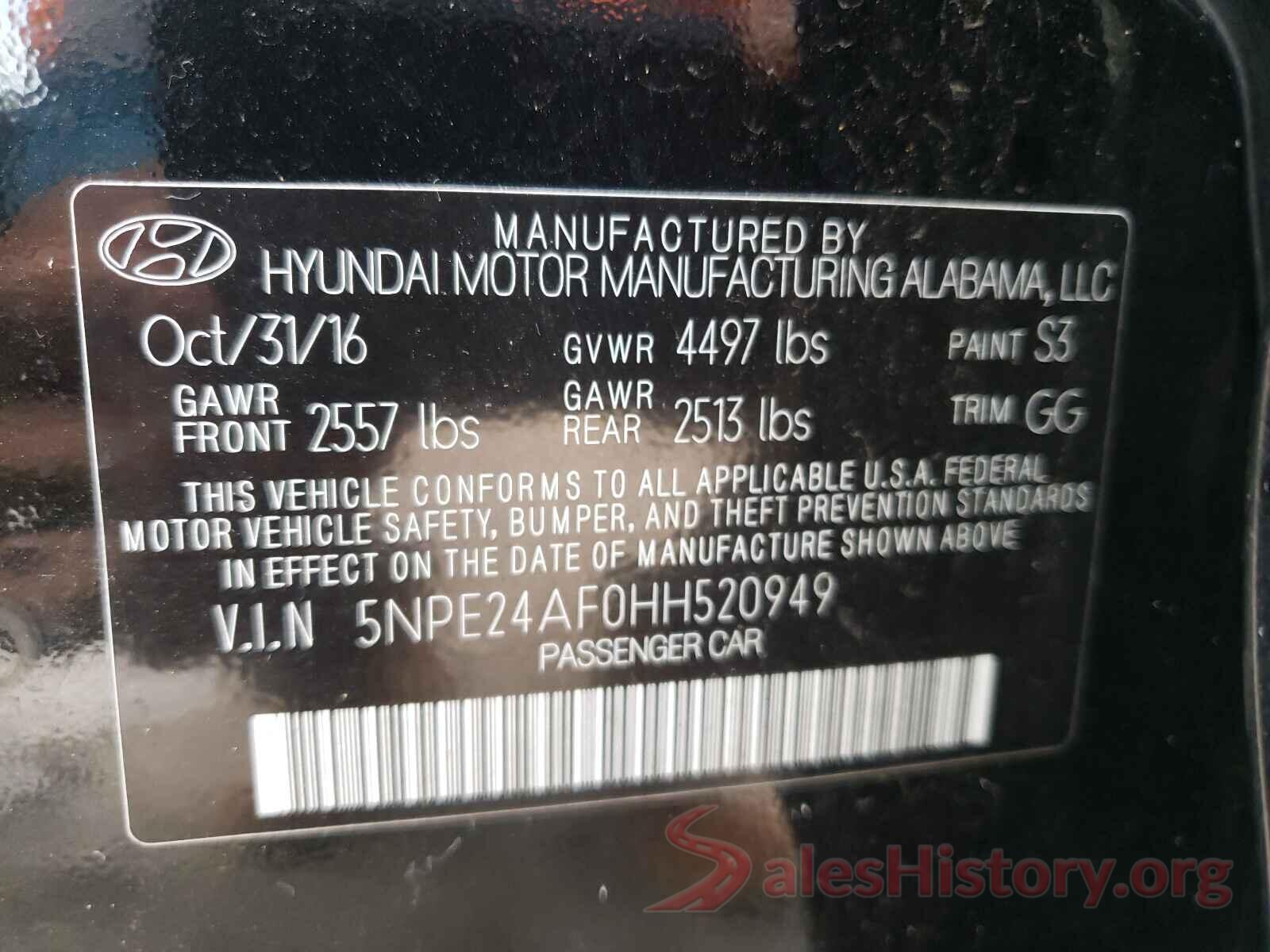 5NPE24AF0HH520949 2017 HYUNDAI SONATA