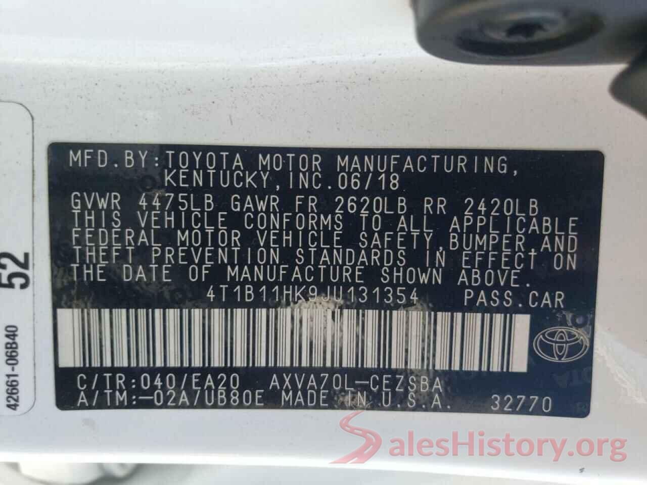 4T1B11HK9JU131354 2018 TOYOTA CAMRY