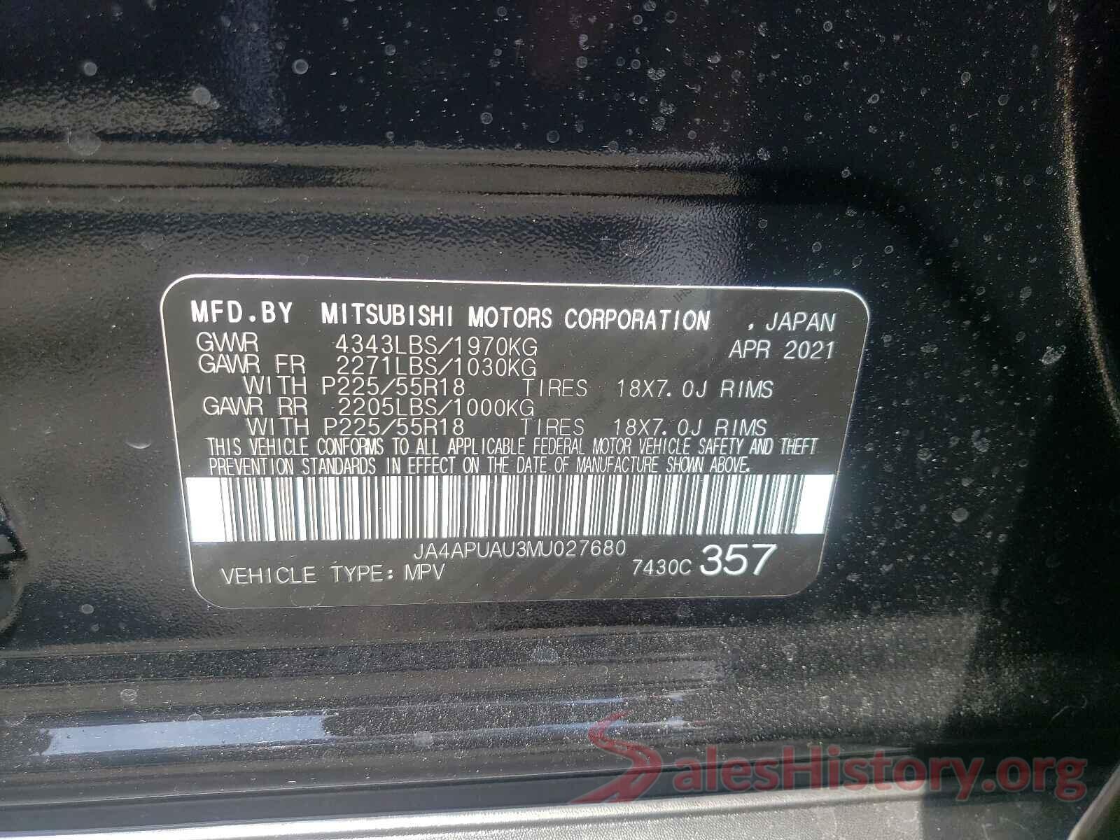 JA4APUAU3MU027680 2021 MITSUBISHI OUTLANDER