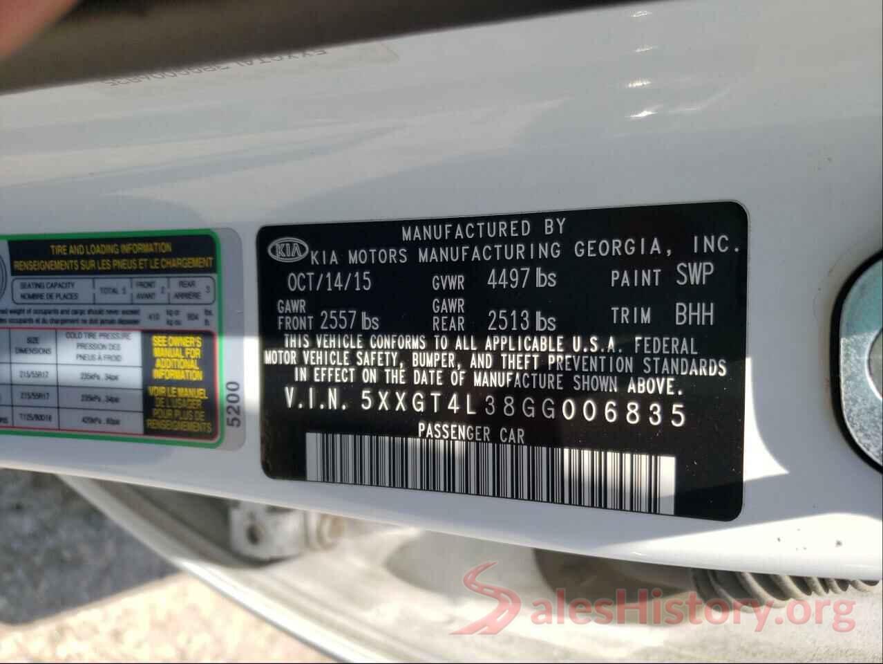 5XXGT4L38GG006835 2016 KIA OPTIMA