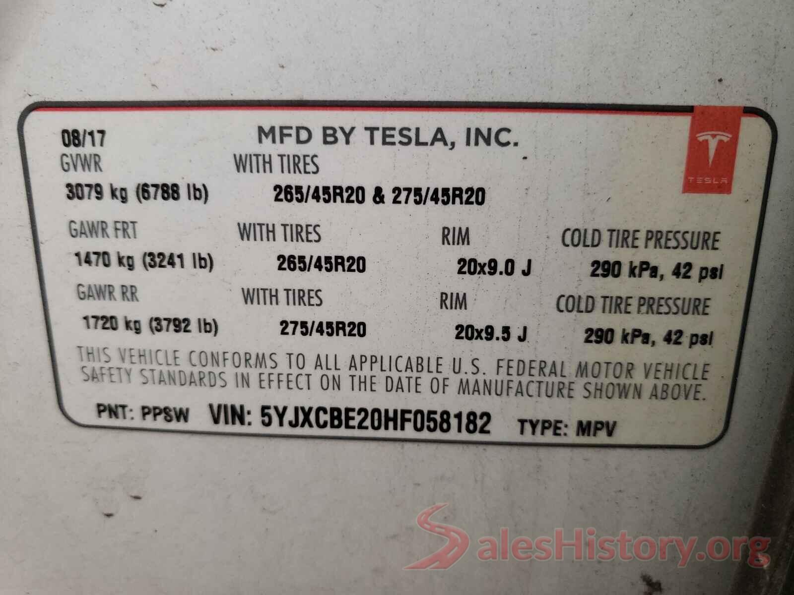 5YJXCBE20HF058182 2017 TESLA MODEL X