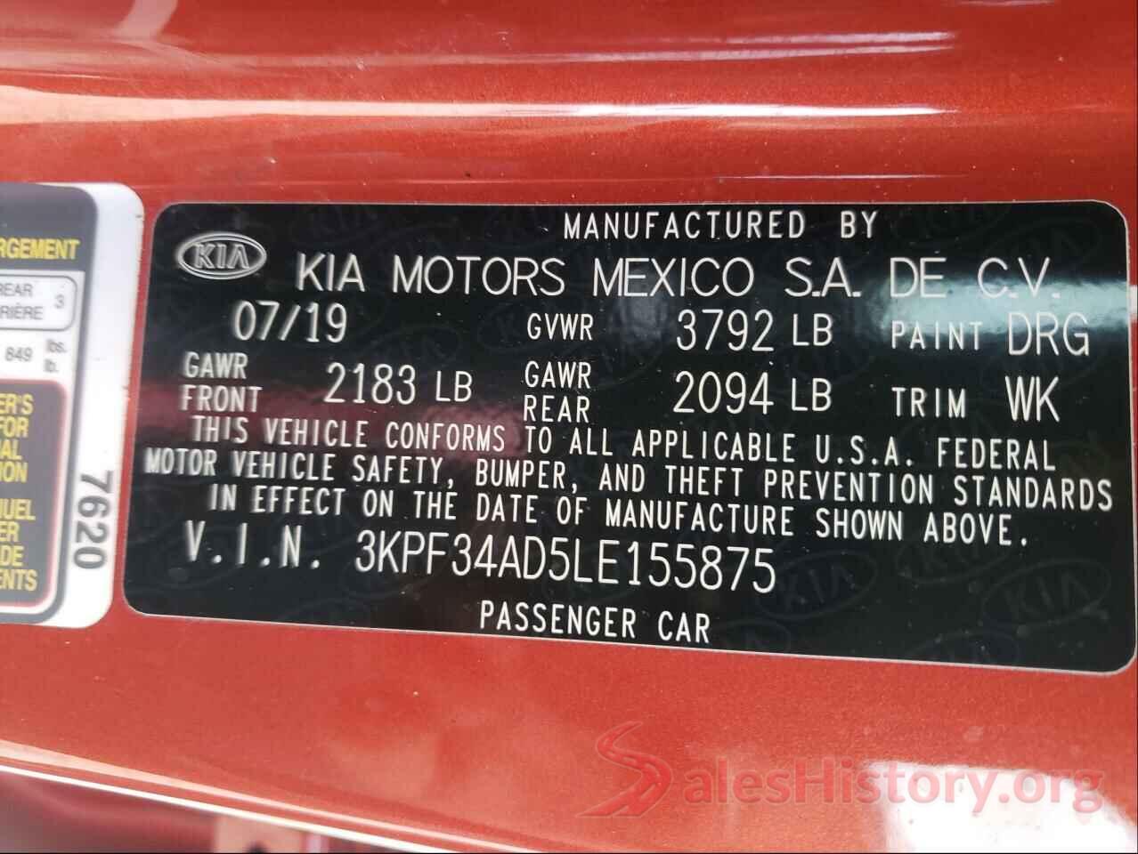 3KPF34AD5LE155875 2020 KIA FORTE