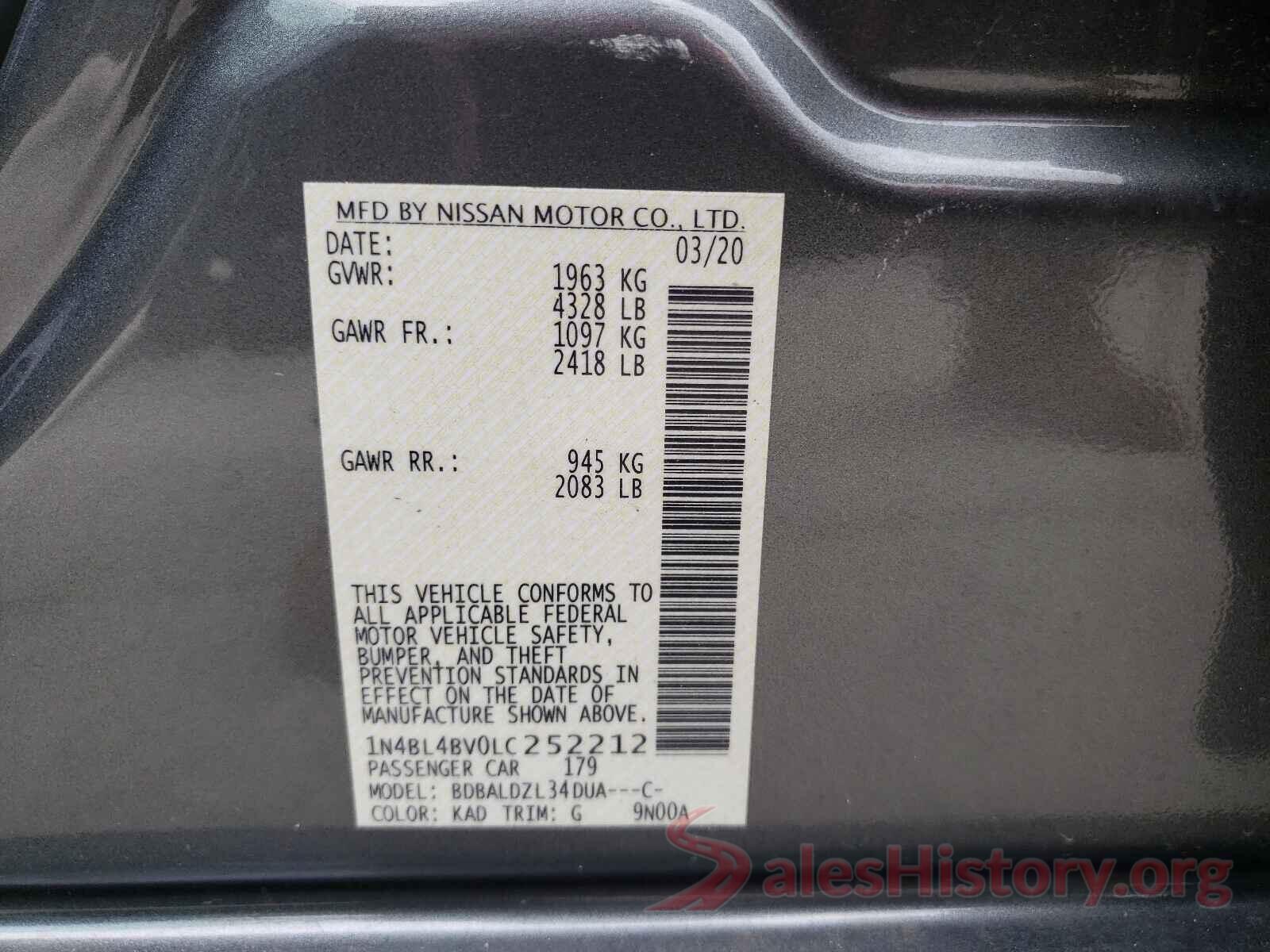 1N4BL4BV0LC252212 2020 NISSAN ALTIMA