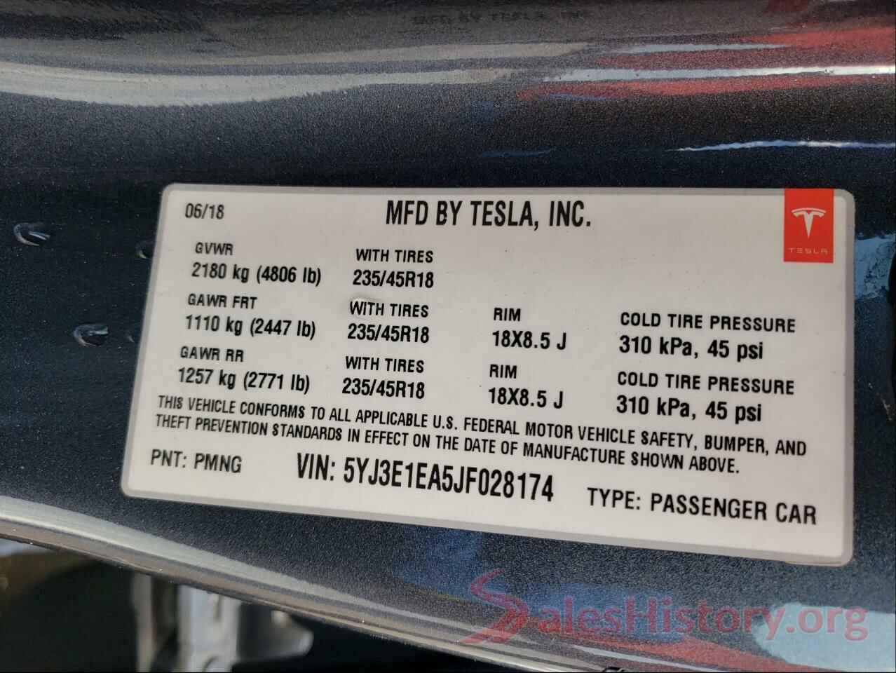 5YJ3E1EA5JF028174 2018 TESLA MODEL 3