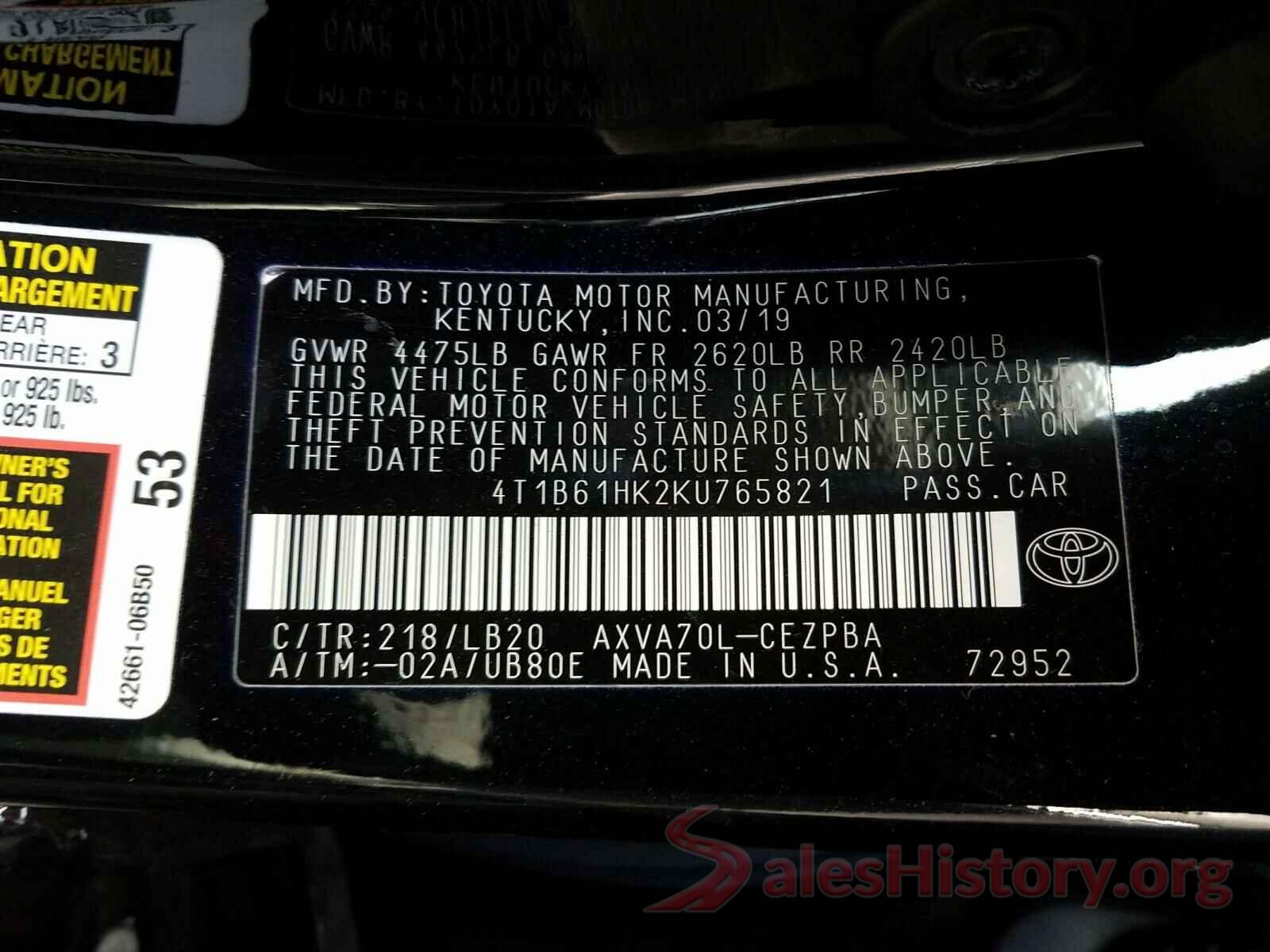 4T1B61HK2KU765821 2019 TOYOTA CAMRY