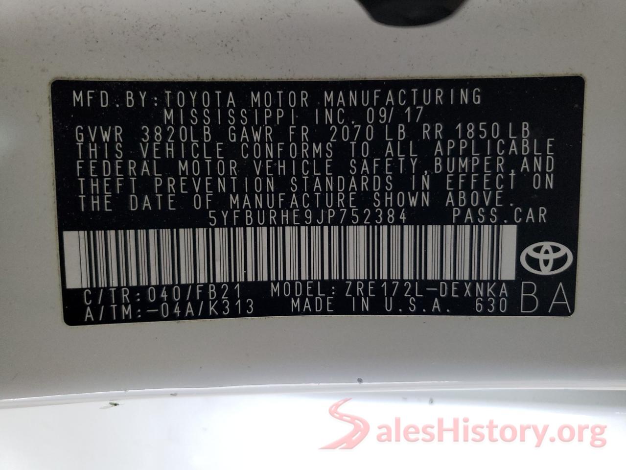 5YFBURHE9JP752384 2018 TOYOTA COROLLA