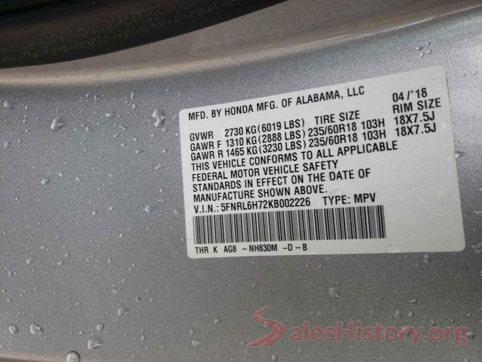 5FNRL6H72KB002226 2019 HONDA ODYSSEY