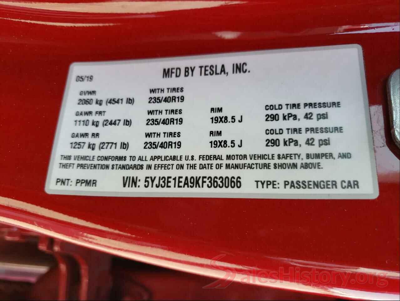 5YJ3E1EA9KF363066 2019 TESLA MODEL 3