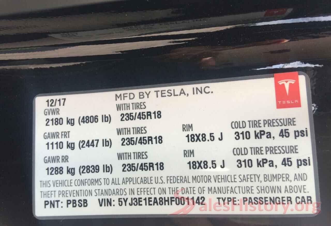 5YJ3E1EA8HF001142 2017 TESLA MODEL 3