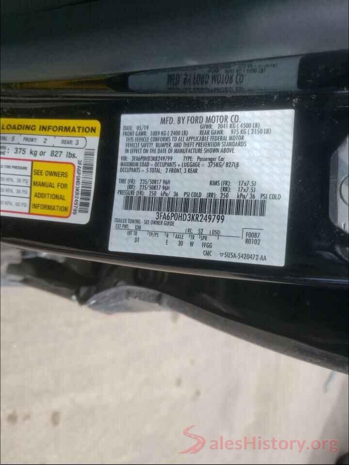 3FA6P0HD3KR249799 2019 FORD FUSION