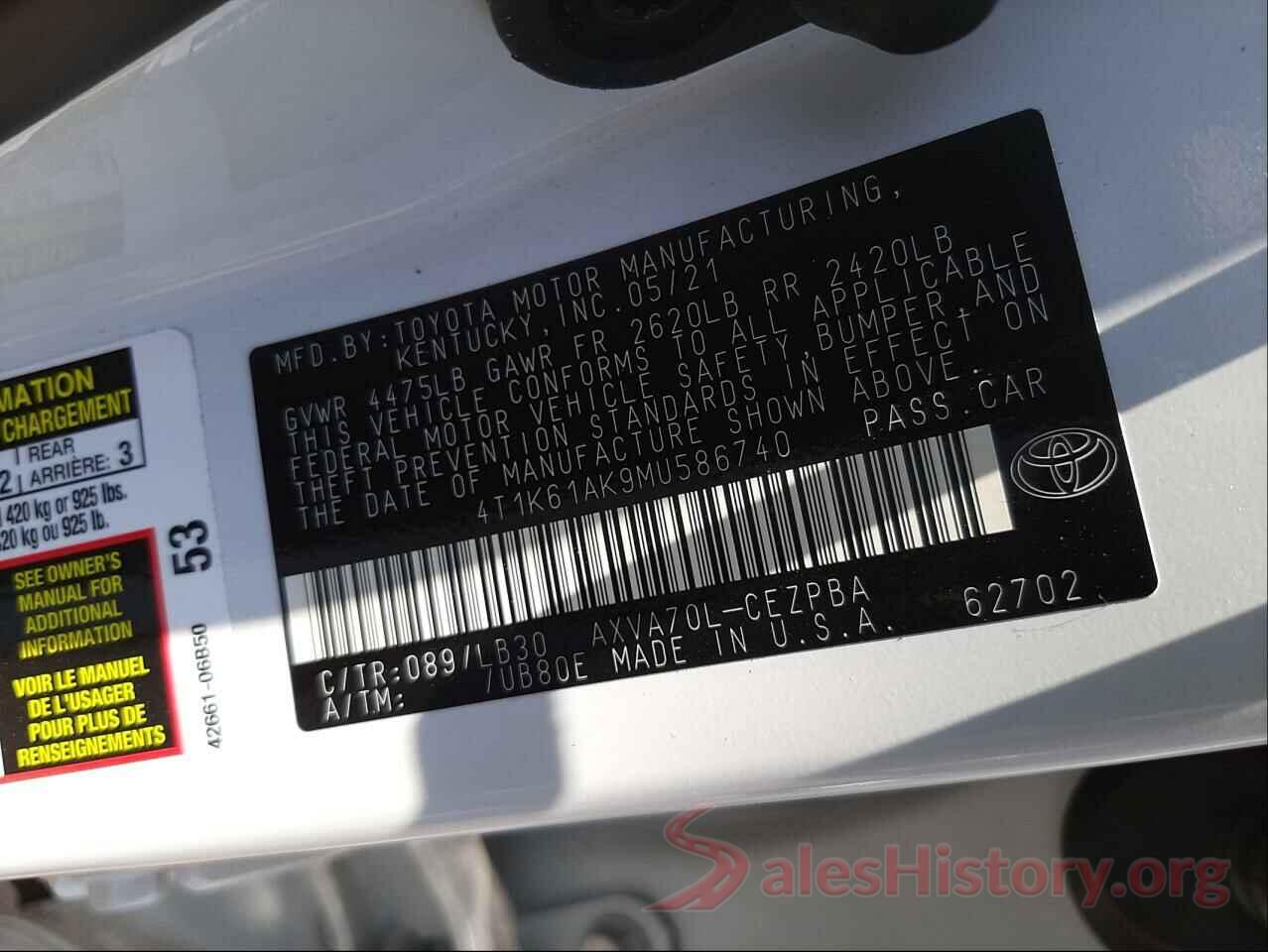 4T1K61AK9MU586740 2021 TOYOTA CAMRY