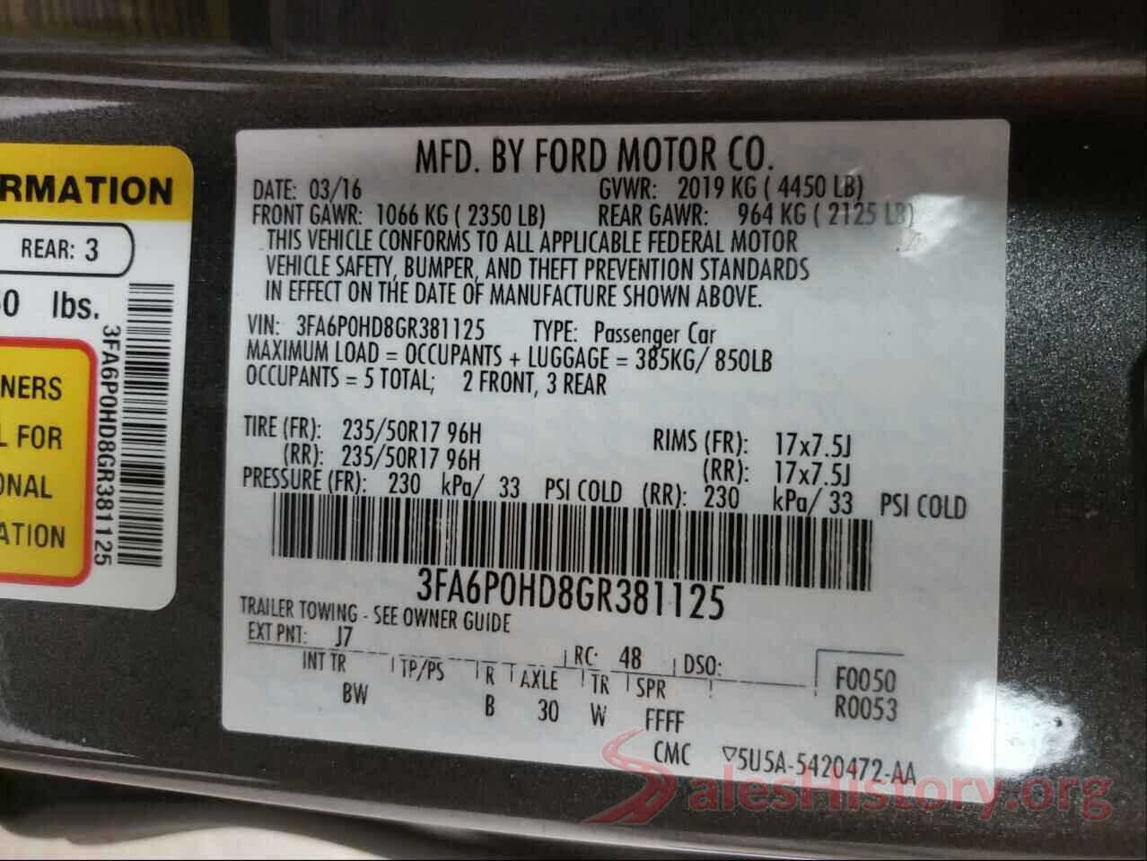 3FA6P0HD8GR381125 2016 FORD FUSION