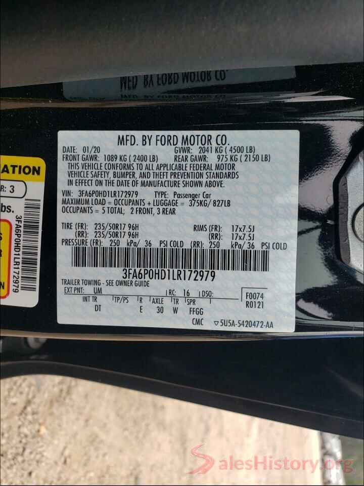 3FA6P0HD1LR172979 2020 FORD FUSION