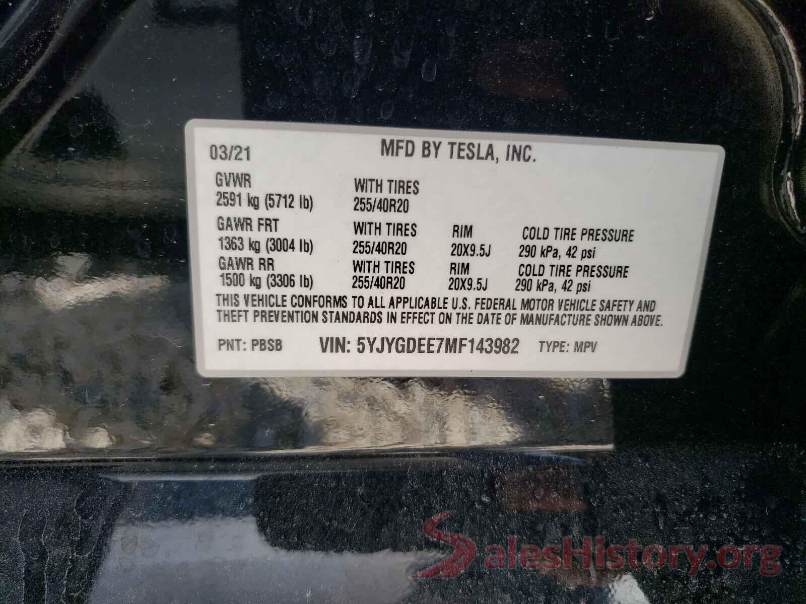 5YJYGDEE7MF143982 2021 TESLA MODEL Y