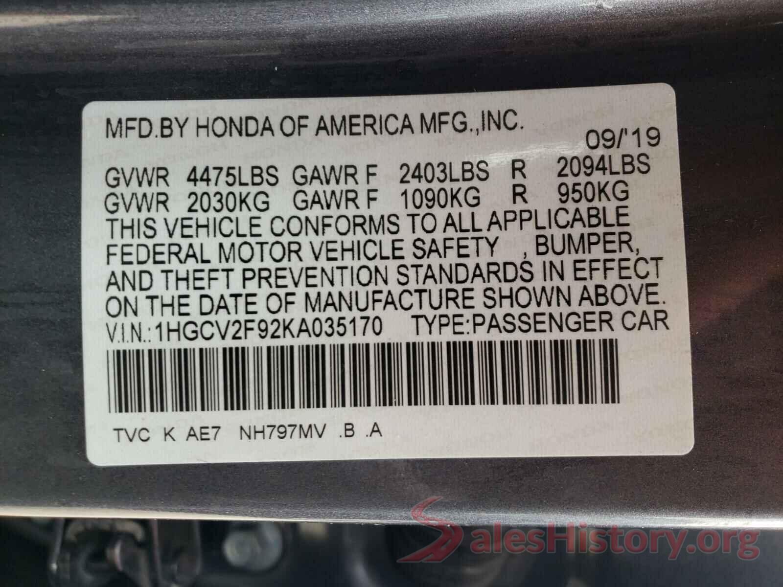 1HGCV2F92KA035170 2019 HONDA ACCORD