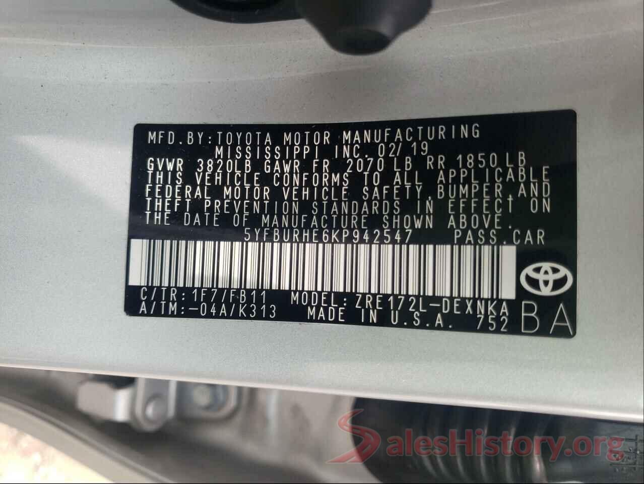 5YFBURHE6KP942547 2019 TOYOTA COROLLA